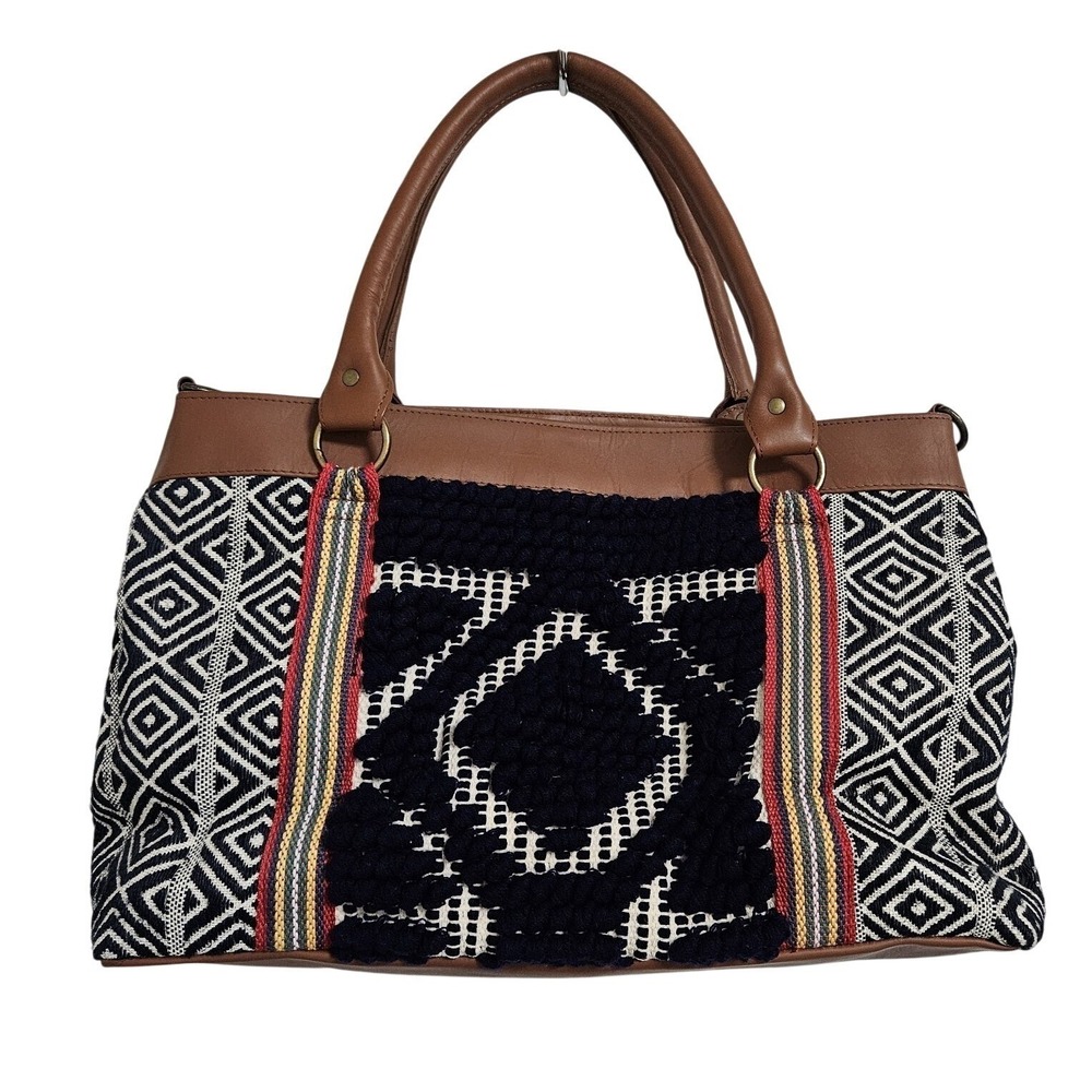 Noonday‎ Collection Tote Bag Women Lg Brown Blue Woven Geometric Tufted Satchel
